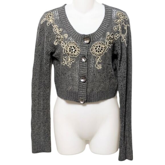 CHARLOTTE Lambswool Angora Rabbit Fur Cropped Embroidered Sequin Cardigan L - Picture 1 of 7